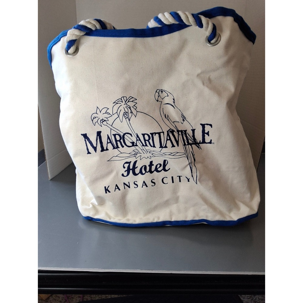 Margaritaville Hotel Kansas City Canvas Tote Bag Rope Handle Blue Cream Parrot